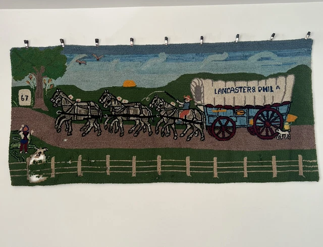 Antique Pennsylvania Conestoga Wagon Lancaster Philadelphia Hooked Rug 67" x 32"