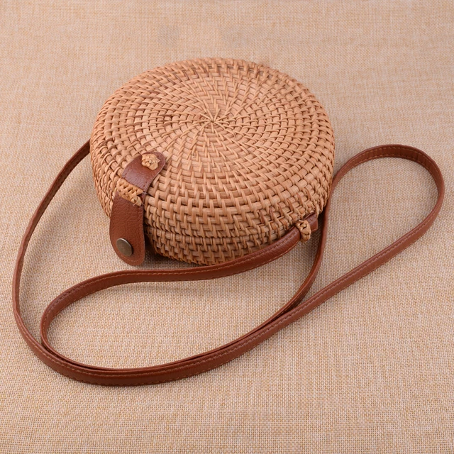 Bohemia Boho Rattan Straw Beach Bag Hand Woven Round Crossbody Purse Handbag y