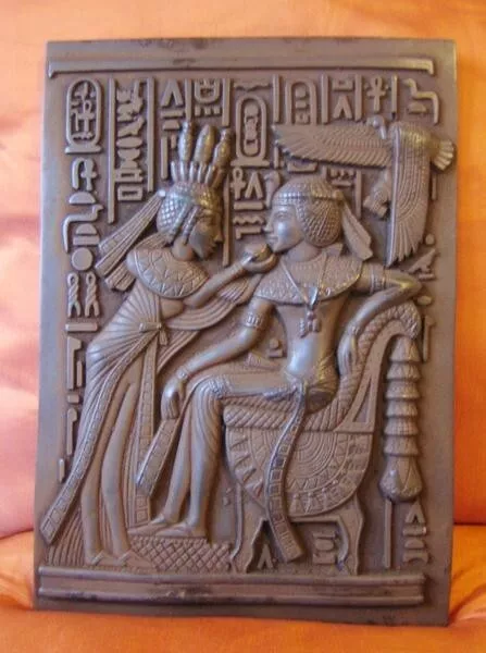 Amazing Hand Carved Antique Wall Plaque of Ancient Egyptian Tutankhamun and Wife