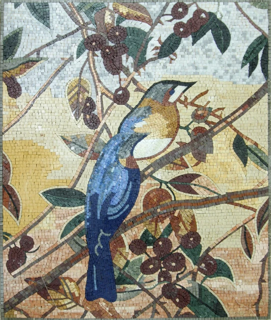 Blue Singing Love Birds Tile Stone Art Wall Mural Marble Mosaic