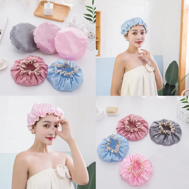 Women Double Waterproof Shower Satin Bathing Cap Hats Silk Reusable Hair Cover