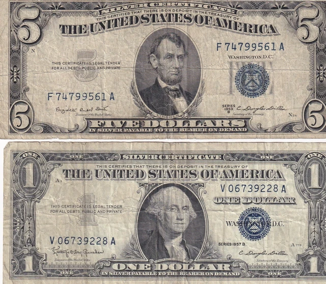 1953B $ &1957b blue seal silver certificate one dollar and five dollar note