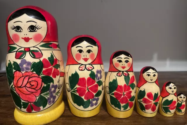 Russian Nesting Dolls 6 Babushka Matryoshka Wooden Hand Painted Pink Flower