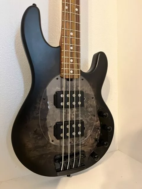 Sterling by Music Man Stingray Ray34HH Burl Top Electric Bass Trans Black Satin