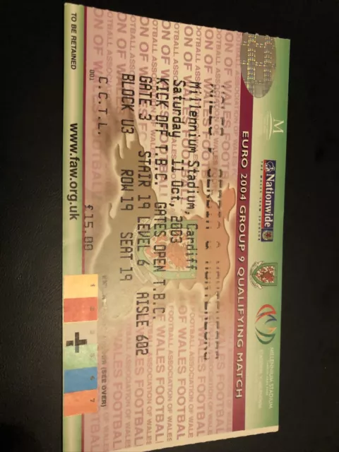 Wales V Serbia & Montenegro Euro Qualifier 11 Oct 2003….Match Ticket