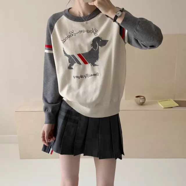 Thom Browne Puppy Embroidery Long-sleeved Knitted Top in Contrast Colour tops