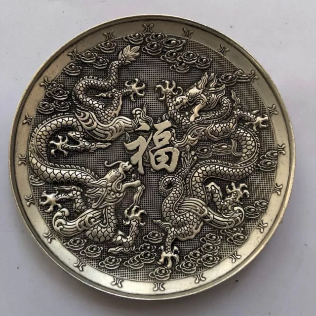 Old China tibet Silver small plate Collection Feng shui Two Dragons
