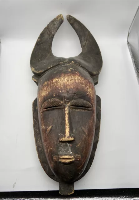 Vintage African hand carved wooden mask Ivory Coast wall decor tribal 17”x8”