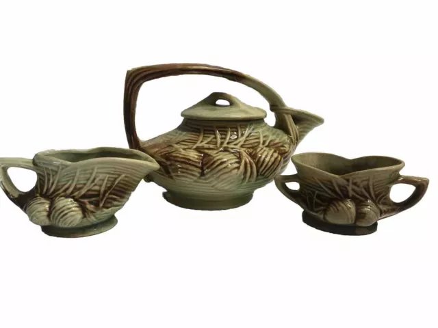 McCoy Pottery 1946 Pinecone Lidded Teapot, Creamer & Open Sugar Bowl Vintage Set