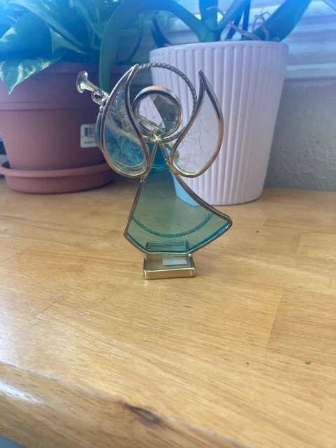 Vintage Stained Glass Angel  figurine blue with trumpet