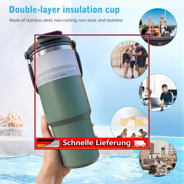 Taza de café termo viaje de gran capacidad, coche de bebida doble (verde, 9
