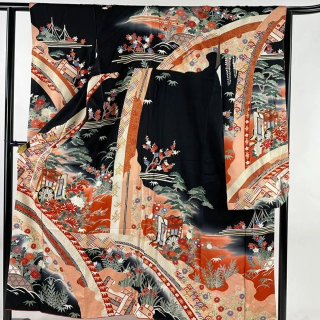 JAPANESE KIMONO FURISODE LONG SLEEVES LADIES WOVEN SILK 100% FLOWERS 153.5cm