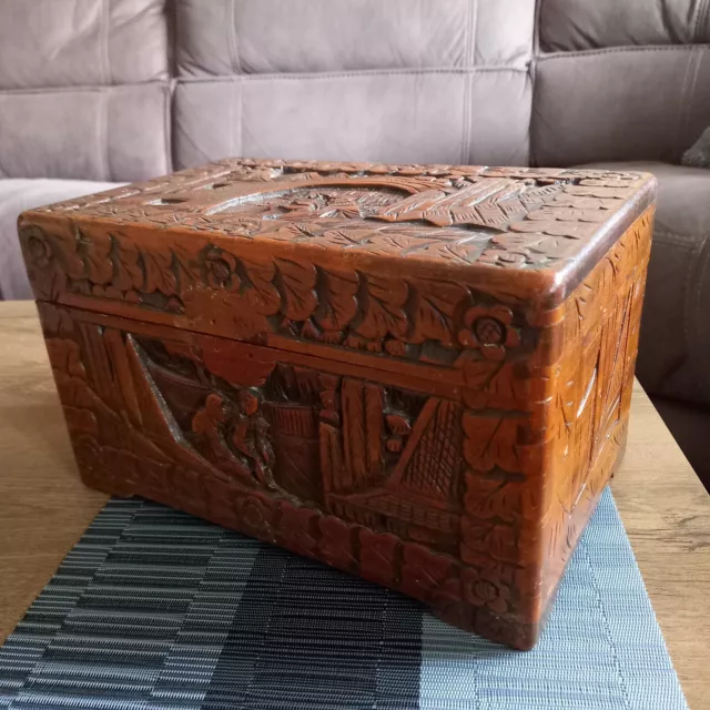 Antique Vintage Handmade Hand Carved Hard Wood Treasure Chest Trunk Box 2