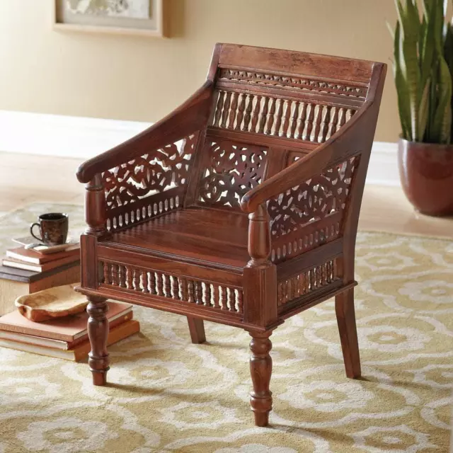 Hand-Carved Maharaja Moroccan Arm Chair, Sturdy Dark Brown Wood, Fully Assembled