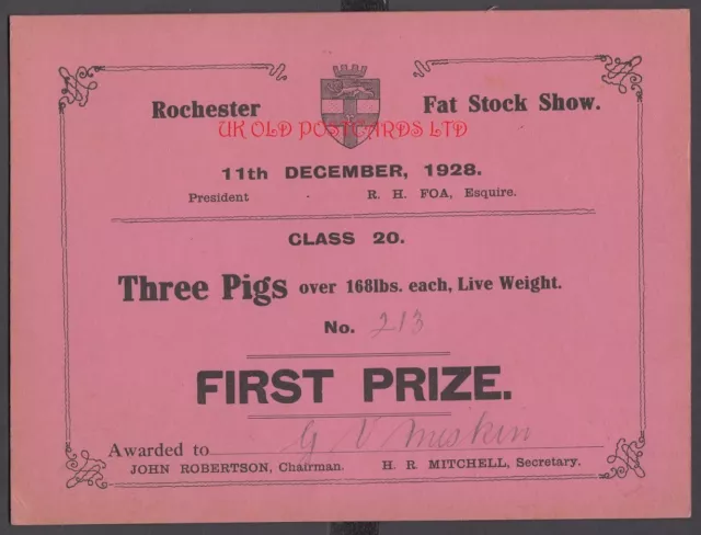 1st Prize Certificate  Rochester, Kent  Fat Stock Show for best Three Pigs, 1928