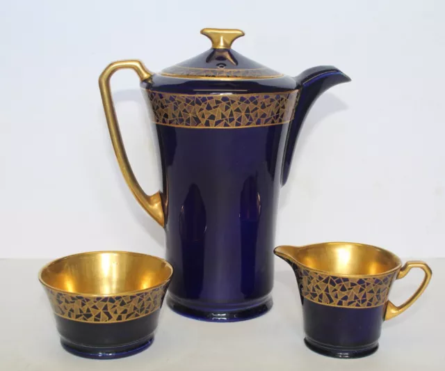 CROWN DEVON FIELDING'S COLBALT BLUE AND GOLD COFFEE POT, JUG,BOWL ART DECO 1930s