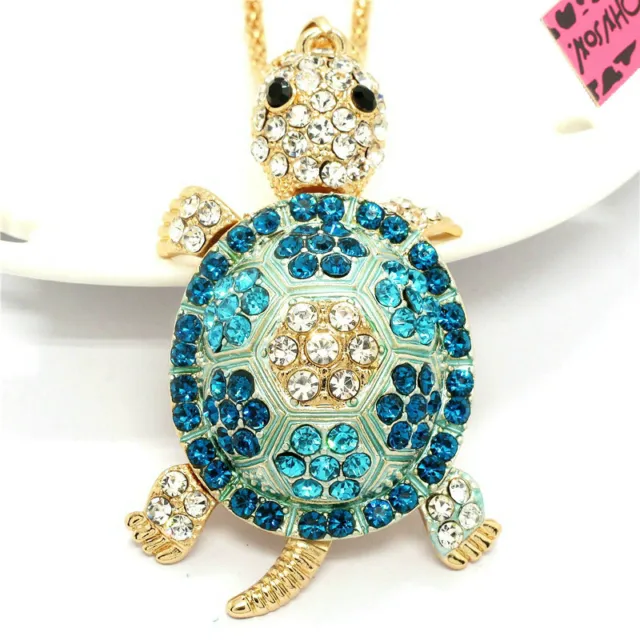 New Fashion Women Rhinestone Cute Blue Turtle Crystal Pendant Girl Necklace