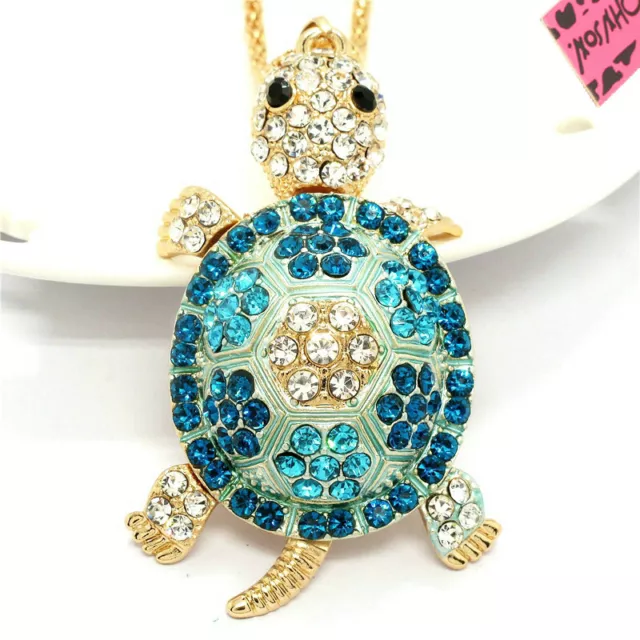 New Fashion Women Rhinestone Cute Blue Turtle Crystal Pendant Girl Necklace