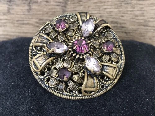 Vintage Round Brooch Pin Purple Clear Rhinestones Yellow Metal 1970s USSR Czech