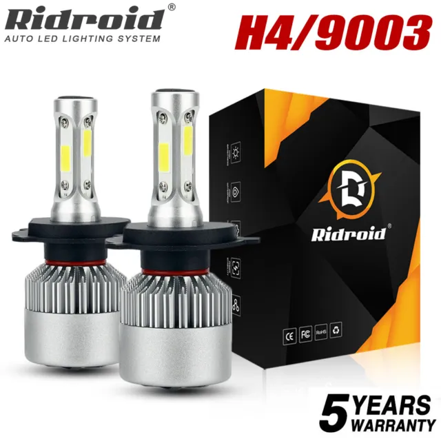 RIDROID H4 9003 LED Headlight Bulbs High Low Beam Kit White Super Bright 6000K