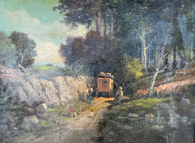 Old Vintage Rural Landscape Oil Painting People Wagon Horses Trees Signed Art