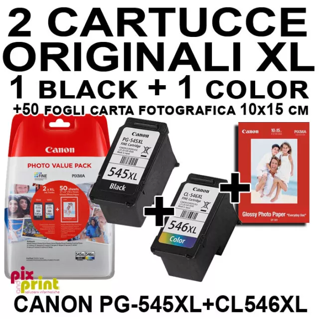 Canon PG-545 XL CL-546 XL Cartucce ORIGINALI  - 1 NERO XL + 1 COLORE XL + Carta