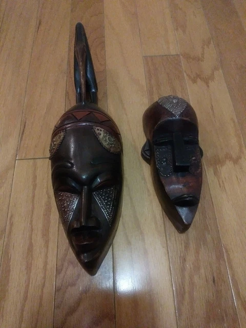 Beautiful Pair of Tribal Style Hand Carved Wood African / Ghana Elongated Mask