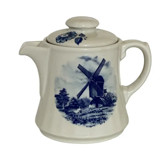 Vintage Delft Blauw Teapot for 1 White Blue Windmill Handpainted Holland Dutch