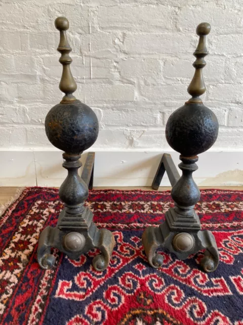 Large Pair Metal Heavy Fire Dogs Andirons