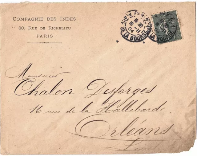 type semeuse lignée sur lettre COMPAGNIE DES INDES 80RUE DE RICHELIEU PARIS 1904