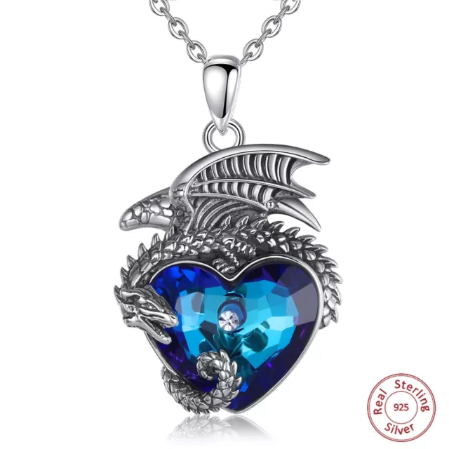 925 Sterling Silver Dragon Necklace Women Heart Austrian Crystal Pendant Jewelry