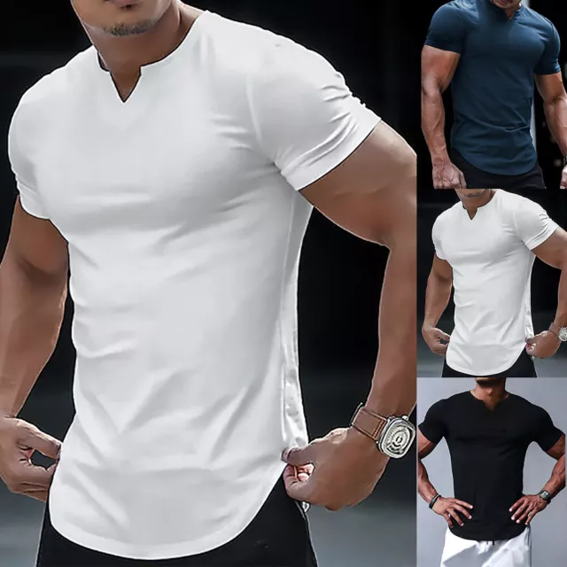 Mens V-Neck Henley T-Shirt Tops Short Sleeve Slim Fit Golf Muscle Casual Blouse