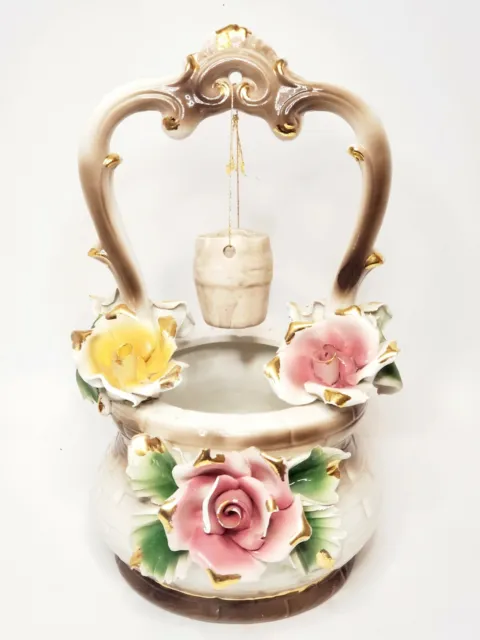 Vtg CAPODIMONTE Porcelain Wishing Well/Planter/Basket Large Italy- 9"x 14" Tall