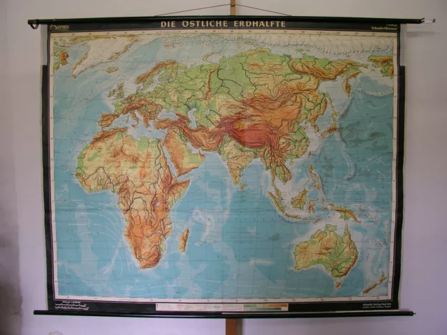 Östliche Erdteile Afrika Europa Asien + Australien ~1960 Schul-Wandkarte 210x167