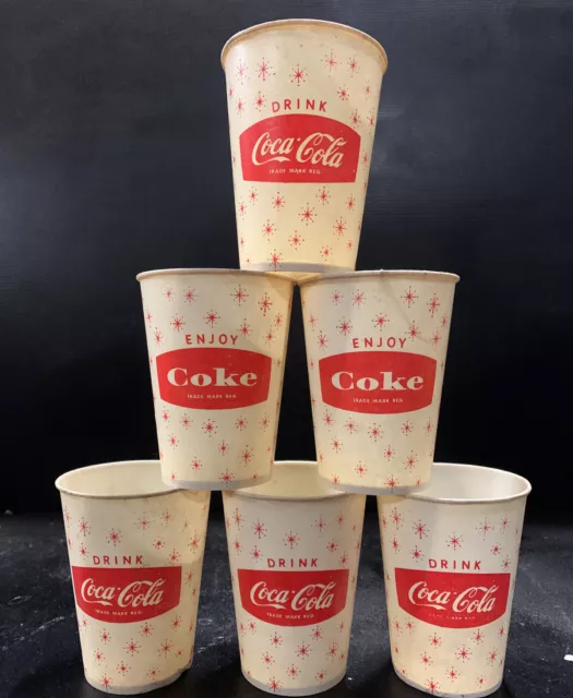 6 X Coke Coca-Cola Disposable Wax Coated Cups Australian 1960’s RARE