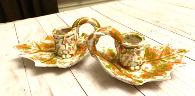 Vintage Pair of Orange White Green Leaf Ceramic Finger Hole Candle Holders