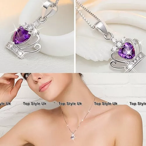 925 Sterling Silver Purple Crystal Heart Pendant Necklace Princess Queen Crown 3