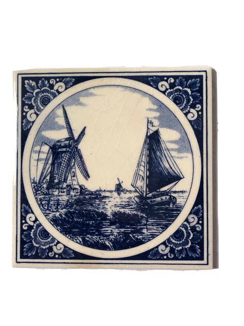 H&R Johnson Blue Tile Trivet Hand Painted  Windmill Boat Holland Delft - 4 1/2"
