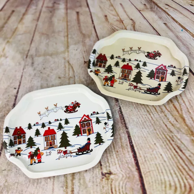 2 vtg little metal trays santa cookies serving santa reindeer horse drawn sleigh