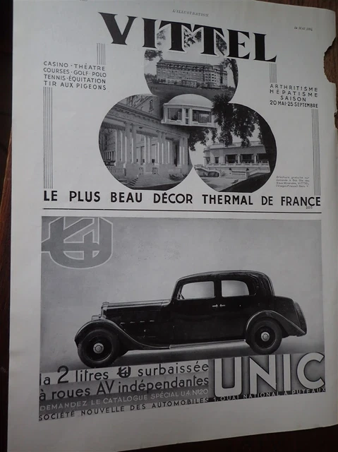 UNIC 2 litres automobile + VITTEL thermal publicité papier ILLUSTRATION 1934