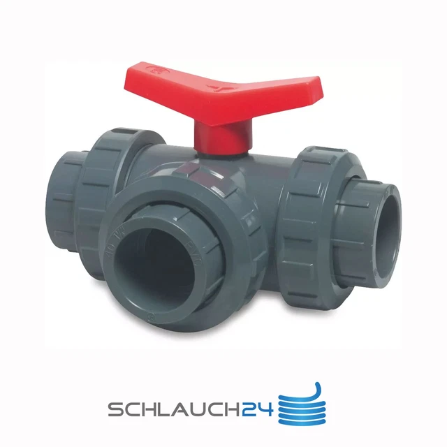 Well2wellness Rubinetto A Sfera 3 Vie In PVC – Porta T Con 3 Attacchi Per Tubo Da 38mm, Colore Grigio, Maniglia Rossa