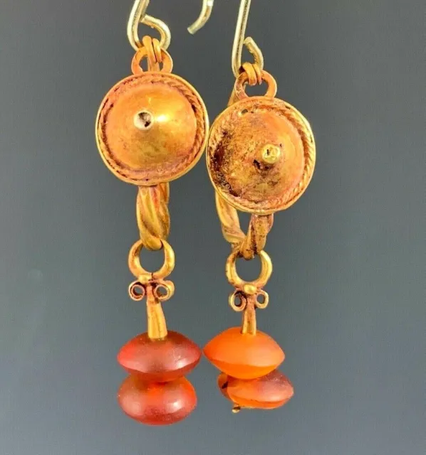 Ancient Roman Gold Shield & Carnelian Earrings; Elegant & Wearable!