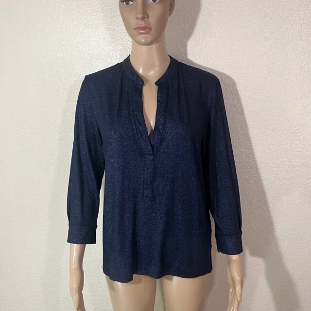 Majestic Filatures Blue Glitter Stretch Blouse Top Viscose Size 3 (L)