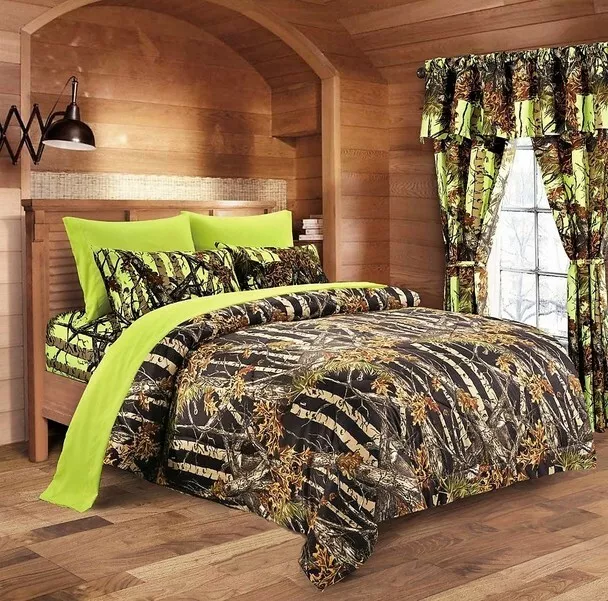 7 Pc Cal King Black Woods Camo Comforter And Lime Sheet Set California King 2