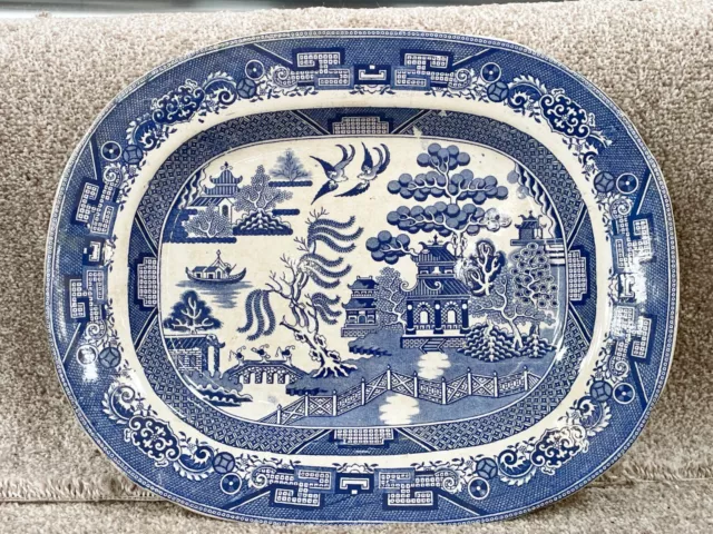 Vintage Antique Early Willow Pattern Meat Platter Dish Plate Blue And White