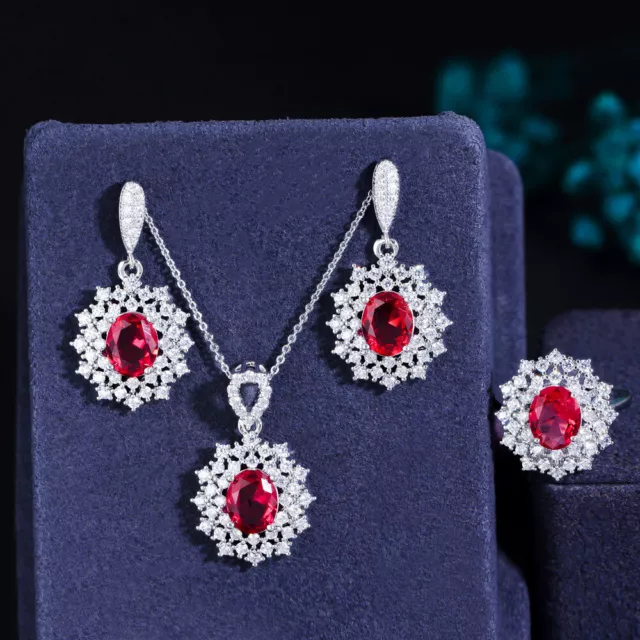 Creative Red CZ Oval Tennis Cluster Jewelry Set Pendent Necklace Earrings Ring