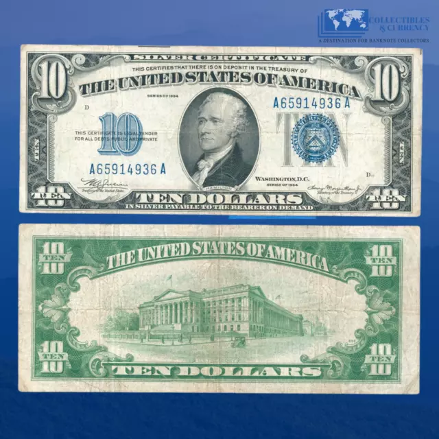 1934 $10 Ten Dollars Silver Certificate Mule Blue Seal, VF Condition, B.P(636)