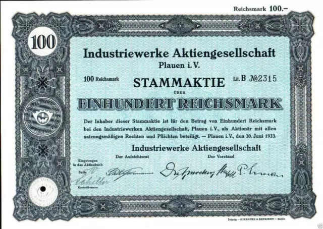 Industriewerke Aktiengesellschaft Plauen i. V. 1933  100 RM