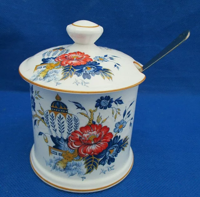 Crown Staffordshire Jam Jelly Pot & Lid PENANG Blue Orange Flowers Urn Spoon EUC