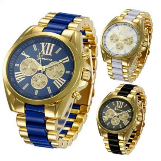 Luxury Mens Gold Tone Stainless Steel Band Analog Quartz Wrist Watch Gift